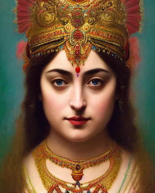 Image similar to Dakota Johnson as a beautiful Hindu Goddess, gorgeous, portrait, Symmetrical, powerful, intricate, beautiful, masterpiece, elegant, volumetric lighting, highly detailed, digital painting, hyper-realistic, artstation, sharp focus, no blur, illustration, William-Adolphe Bouguereau , ruan jia