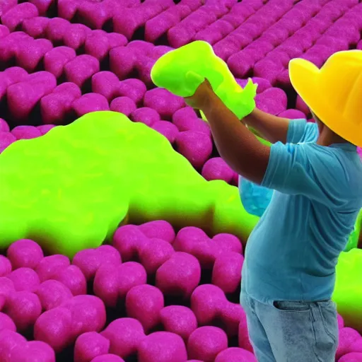 Image similar to a farmer of colorful blobs made of translucent slime trapping them and putting them in a pen
