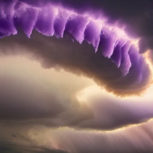 Image similar to amazing photo of purple clouds in the shape of a tornado, digital art, beautiful dramatic lighting