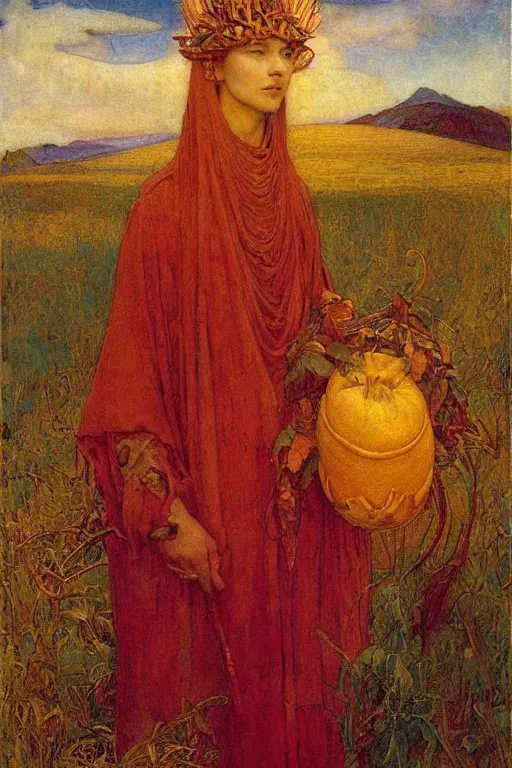 Prompt: queen of the harvest with her bounty by Annie Swynnerton and Nicholas Roerich and jean delville, strong dramatic cinematic lighting , ornate headdress , flowing robes, lost civilizations, smooth, sharp focus, extremely detailed