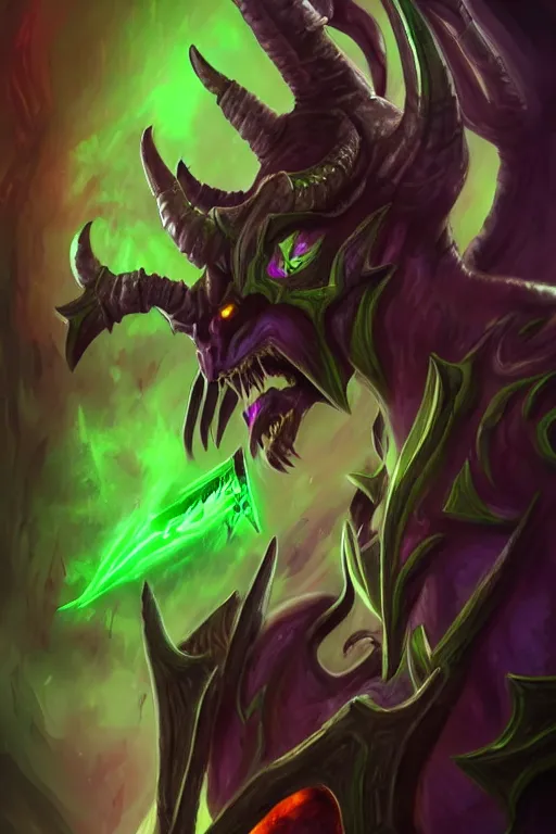 Prompt: illidan the elf demon hunter with band that cover his eyes with demon wings from world of warcraft with background digital painting trending on artstation