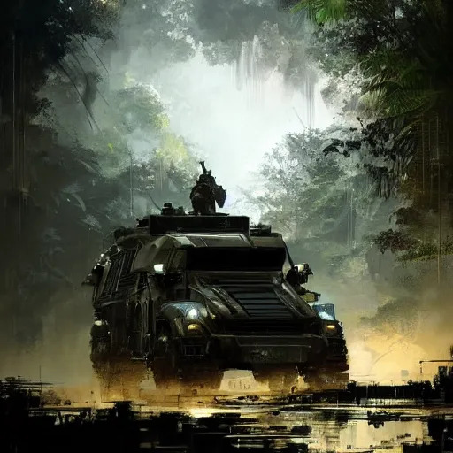 Image similar to an armored vehicle driving through the jungle, dramatic lighting, illustration by Greg rutkowski, yoji shinkawa, 4k, digital art, concept art, trending on artstation