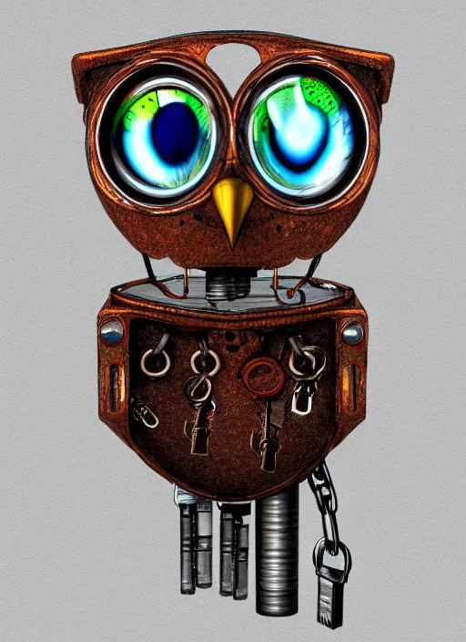 Image similar to colored pencil and pen drawing of an animatronic robot owl, bird made from rusty old keys and padlocks, 4 k photorender realityengine