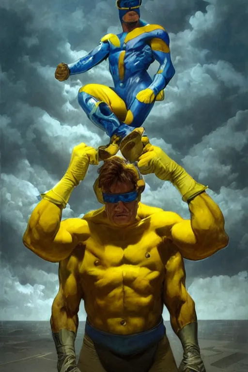 Prompt: marvel superhero, strong man with blue and yellow costume, goggles and leather helmet, yellow boots, yellow gloves, detailed portrait, action in background 8 k, concept art, painted by zdzislaw beksinski and artgerm and greg rutkowski and alphonse mucha, cinematic dramatic atmosphere, sharp focus, volumetric lighting, cinematic lighting, studio quality