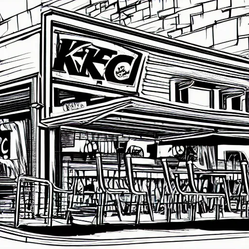 Image similar to black and white line drawing of a post apocalyptic kfc restaurant, cubism, high quality