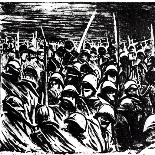 Prompt: imperial german soldiers advancing under cover of mustard gas at the battle of the somme, world war 1, trench warfare, german expressionist woodcut, kathe kollwitz, ernst ludwig kirchner, max beckmann, max pechstein, black and white