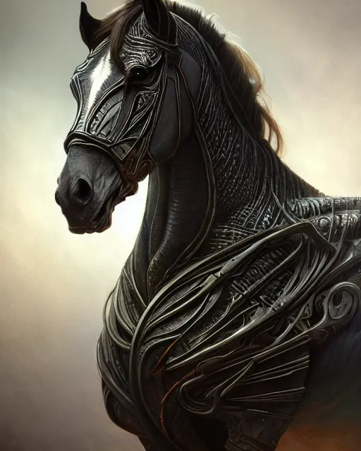 Prompt: horse art by giger, deep focus, d & d, dark fantasy, intricate glow accents, elegant, highly detailed, digital painting, artstation, concept art, matte, sharp focus, 8 k 3 d, hearthstone, art by artgerm and greg rutkowski and alphonse mucha