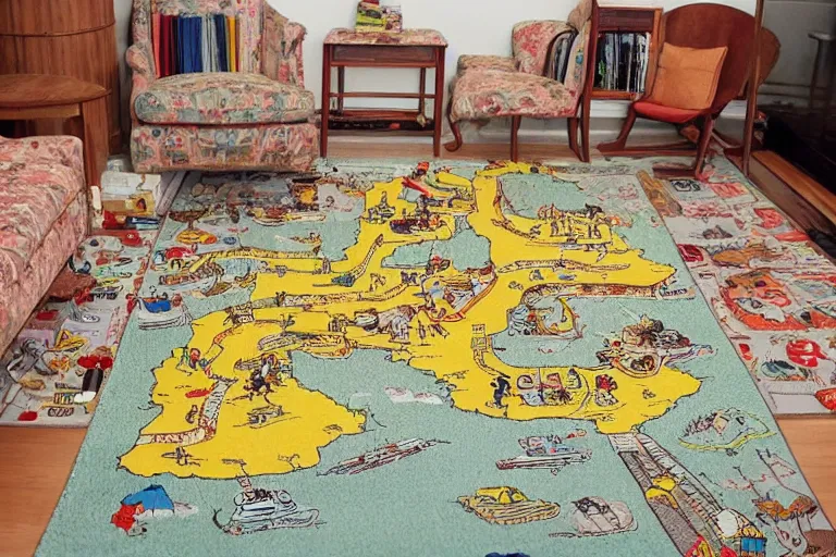 Image similar to an elaborate kids road map carpet rug, detailed, penned illustrations, by wes anderson and geoff darrow!!!!!