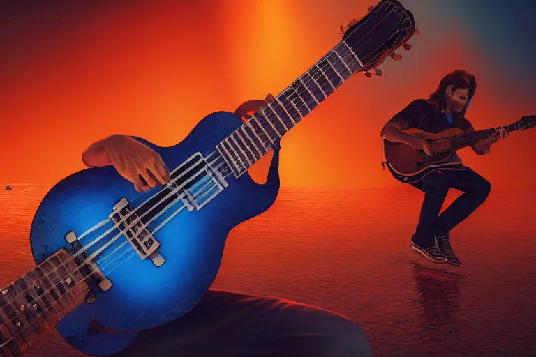 Image similar to mysterious man playing guitar near a lake, hyper detailed, orange red blue tones dramatic lighting, cgsociety, realistic, hyper detailed, insane details, intricate, dramatic lighting, hypermaximalist, golden ratio, rule of thirds, octane render, weta digital, micro details, ultra wide angle, artstation trending, 8 k,