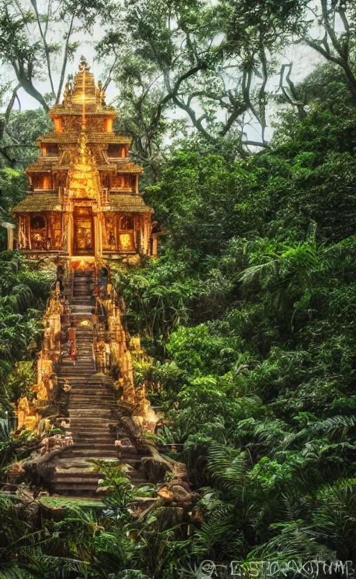 Prompt: a huge magical temple in the middle of a jungle, epic lighting, epic composition ,marble shrine