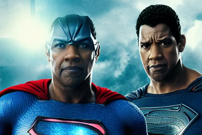 Image similar to film still of Denzel Washington as Superman in Justice League movie, 4k