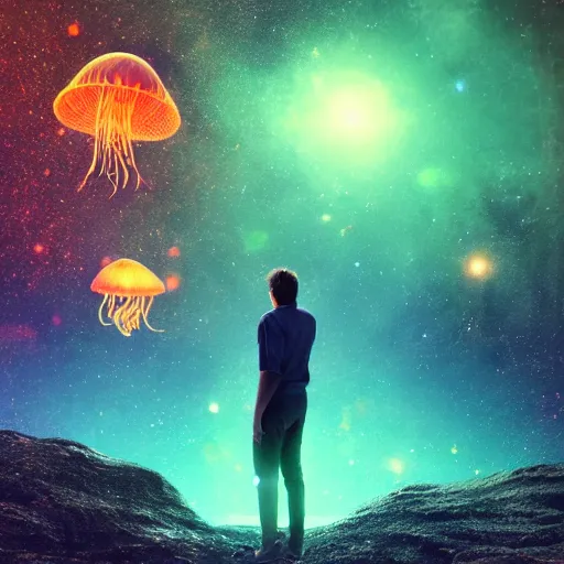 Prompt: over the shoulder photo of a man watching a magic glowing jellyfish in glowing cosmic stardust, colorful stars, galaxies, space, award winning photo, intricate, high detail, atmospheric, desolate, artstation