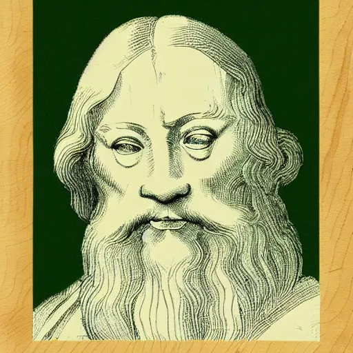 Image similar to portrait of leonardo da vinci in simple green background in the style of japanese cartoon and japanese wood print