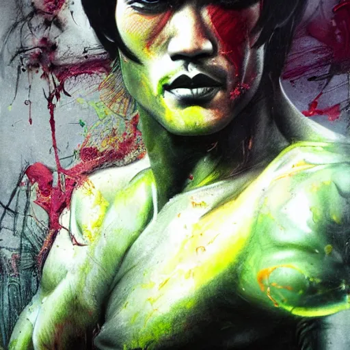 Image similar to a demon slayer portrait of bruce lee, tall, pale - skinned, and slender with lime green eyes and long eyelashes by stanley artgerm, tom bagshaw, arthur adams, carne griffiths, trending on deviant art, street art, face enhance, chillwave, maximalist, full of color, glittering