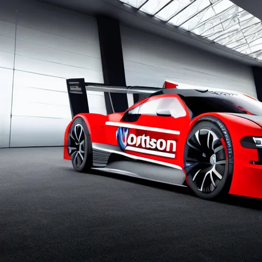 Image similar to a volkswagen concept racecar with agressive design in a showroom