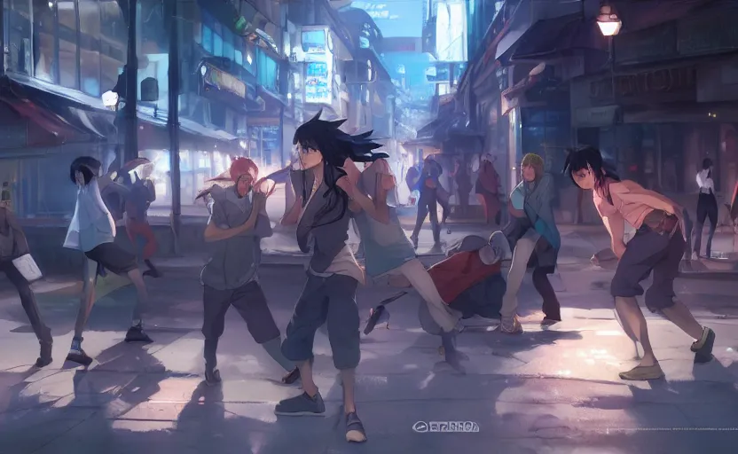 Image similar to a street fight, full shot, atmospheric lighting, detailed faces, by makoto shinkai, stanley artgerm lau, wlop, rossdraws