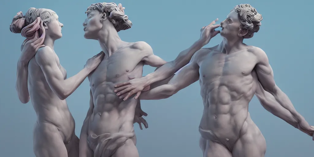 Image similar to greek sculpture of intertwined bodies painted in pastel colors. artwork by James Jean and Tooth Wu and wlop and beeple and greg rutkowski and nekroxiii. octane render, cinematic, hyper realism, redshift render, 8k, depth of field, iridescent accents