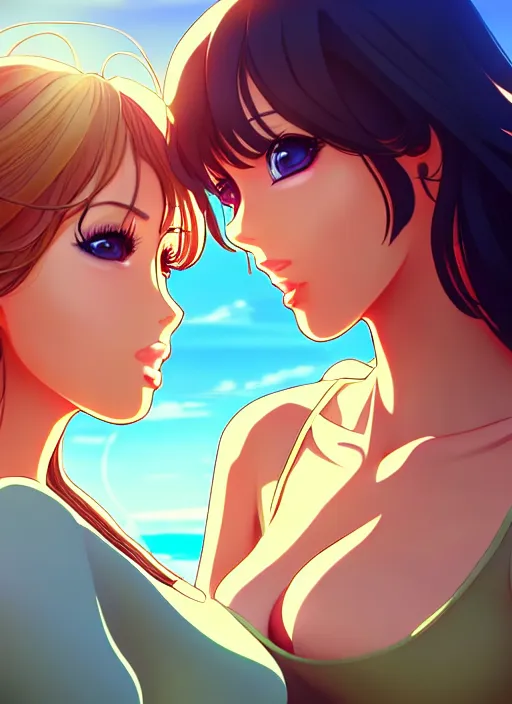 Image similar to two beautiful mothers in a summer home, gorgeous faces, thick lines, cinematic lighting, detailed anime art