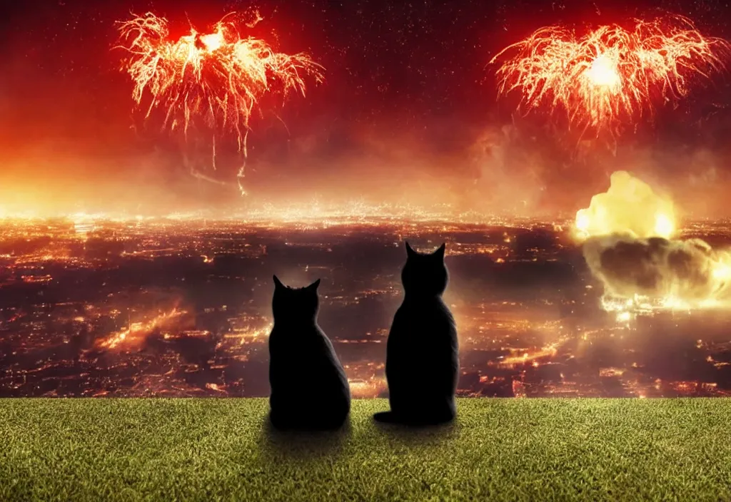 Image similar to old man sitting with black cat watching nuke explosion close up shot from behind, cinematic movie close up shot from behind, background blur bokeh, world ending nuke, 4 k