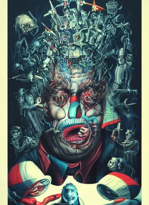 Image similar to donald trump is a disgusting clown, grotesque, horror, high details, intricate details, by vincent di fate, artgerm julie bell beeple, 1980s, inking, vintage 80s print, screen print