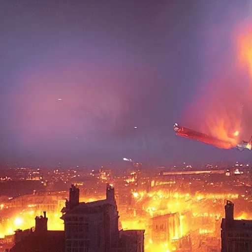 Image similar to bombing raid from aerial view world war 2 fire, london, volumetric lighting, nighttime