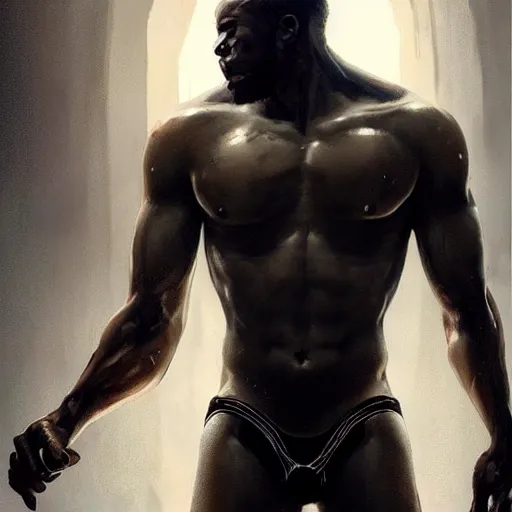 Prompt: black male cyborg body modifications hd greg rutkowski calvin klein underwear advertisement low perspective!