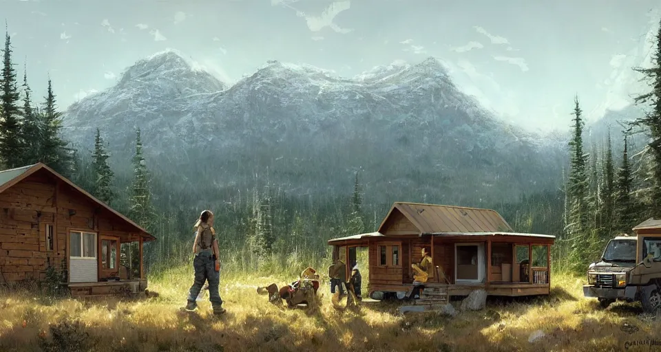 Image similar to cabela's beautiful comfortable community of modular insulated wall container home kit - house all weather military grade family dwelling tent house, person in foreground, mountainous forested wilderness open fields, beautiful views, painterly concept art, environmental concept art, concept art illustration, by james gurney, by craig mullins, by greg rutkowski trending on artstation