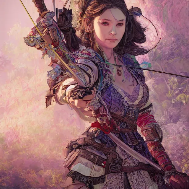 Image similar to the portrait of lawful neutral semi - colorful female archer huntress as absurdly beautiful, gorgeous, elegant, young girl, an ultrafine hyperdetailed illustration by kim jung gi, irakli nadar, intricate linework, bright colors, octopath traveler, final fantasy, unreal engine 5 highly rendered, global illumination, radiant light, detailed and intricate environment