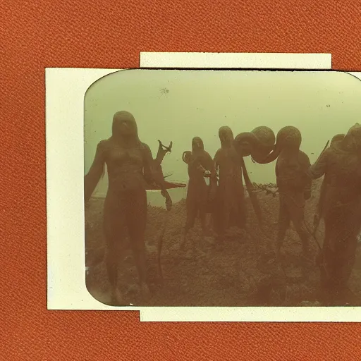 Image similar to old polaroid depicting cultists and an octopus demon, at a clearing, at dusk