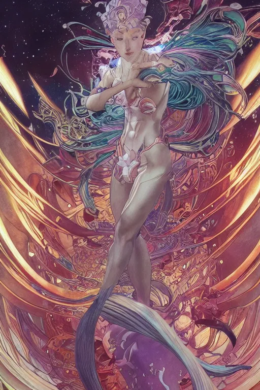 Image similar to swimming through time, by artgerm and yoshitaka amano and moebius and alphonse mucha, hyperdetailed, dc comics, ornate, nebula, explosions in the sky, trending on artstation