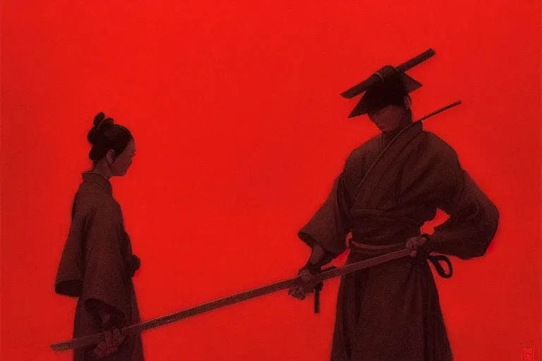 Image similar to only with red, a red samurai harakiri, tokio, a lot of frogs watch, in the style of beksinski, parts by edward hopper, parts by rodcenko, parts by yue minjun, intricate and epic composition, red by caravaggio, insanely quality, highly detailed, masterpiece, red light, artstation, 4 k