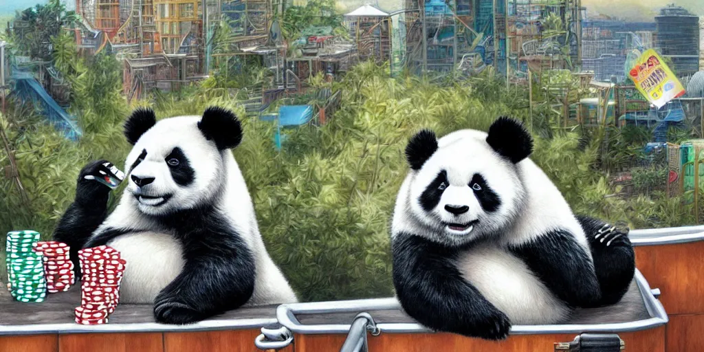 Image similar to A panda playing cards in a hot tub on a roof top, Greg Simkins