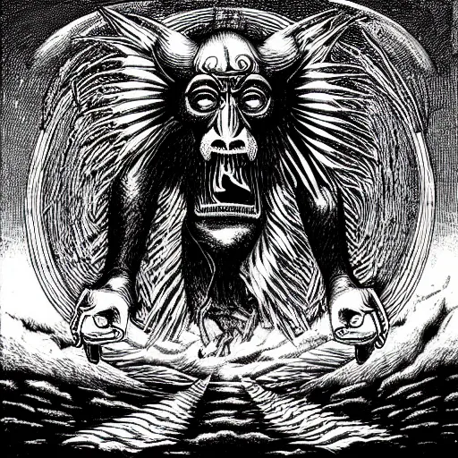 Image similar to mandrill descending from heaven, in the style of deathspell omega's fas album cover, illustration, detailed