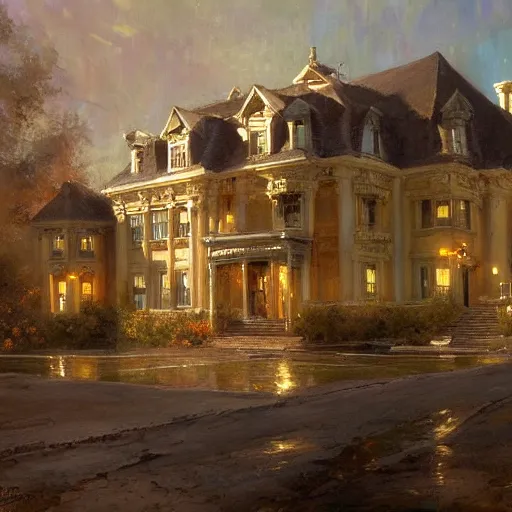 Image similar to detailed cinematic wide shot of sucession mansion design spring light, painting by gaston bussiere, craig mullins, j. c. leyendecker