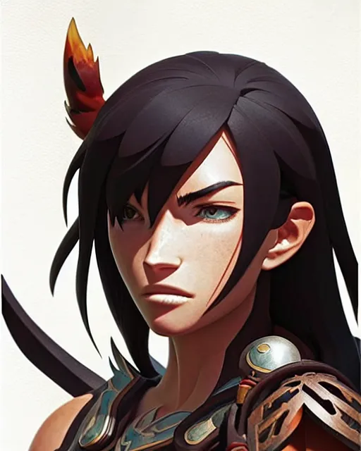 Prompt: azctec warrior, megan fox, finely detailed perfect face, exquisite details, fire magic, mid view, design on a white background, by studio muti, greg rutkowski makoto shinkai takashi takeuchi studio ghibli