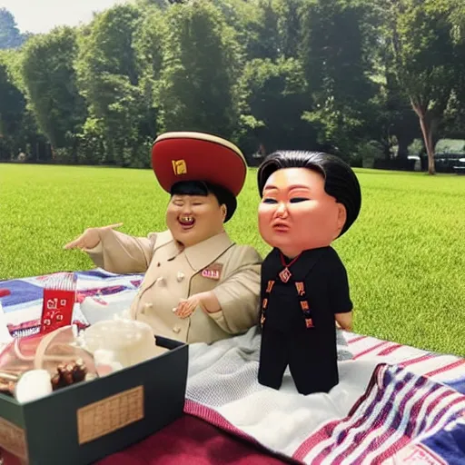 Image similar to screaming kim jong un doll having a lovely picnic with bts boy band