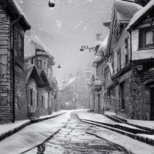 Image similar to an ultra detailed black and white tarot card of the quaint town of galic, grid shaped city cobblestone streets, fantasy city, the morning after a heavy snowfall, wind, inspiring gothic architecture, ultrawide lense, aerial photography, unreal engine, exquisite detail, 8 k, art by greg rutkowski and alphonse mucha