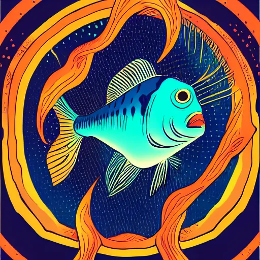 Image similar to profile of one stylized fish in center of view, dark ocean, complex patterns, artstation, intricate, realistic, highly detailed, digital painting, concept art, sharp focus, illustration by tom whalen and charles williams and kilian eng and james jean