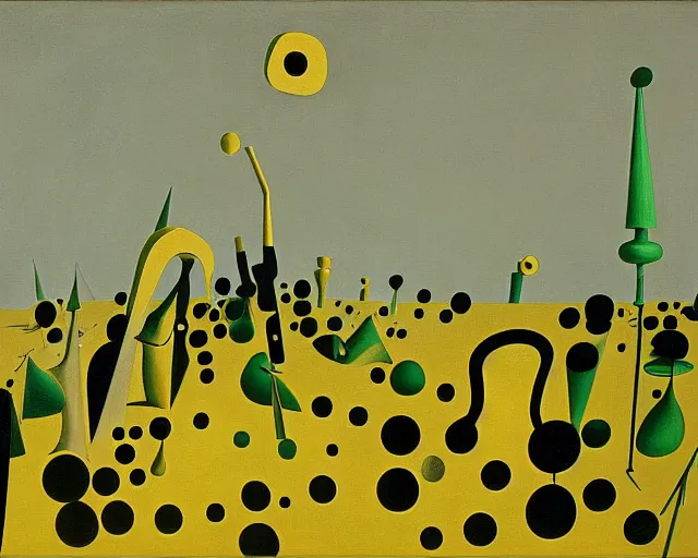 Image similar to a green, gold, and black painting by Yves Tanguy