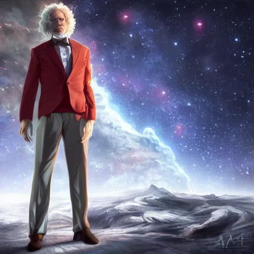 Image similar to mark twain stands at the edge of the universe, artgerm