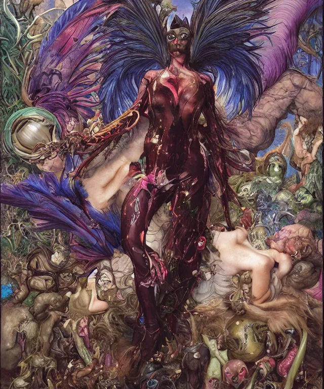 Image similar to a portrait photograph of a mutated harpy super villian with slimy skin and feathers. she looks like elizabeth olsen and is meditating in a colorful infected bulbous shiny organic catsuit. by donato giancola, hans holbein, walton ford, gaston bussiere, peter mohrbacher and brian froud. 8 k, cgsociety, fashion editorial