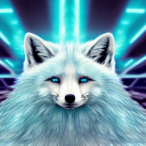 Prompt: digital light blue and white fox, retrowave palette, digital world, highly detailed, electric breeze, anatomically correct vulpine, synth feel, fluffy face, ear floof, flowing fur, super realism, accurate animal imagery, 4 k digital art