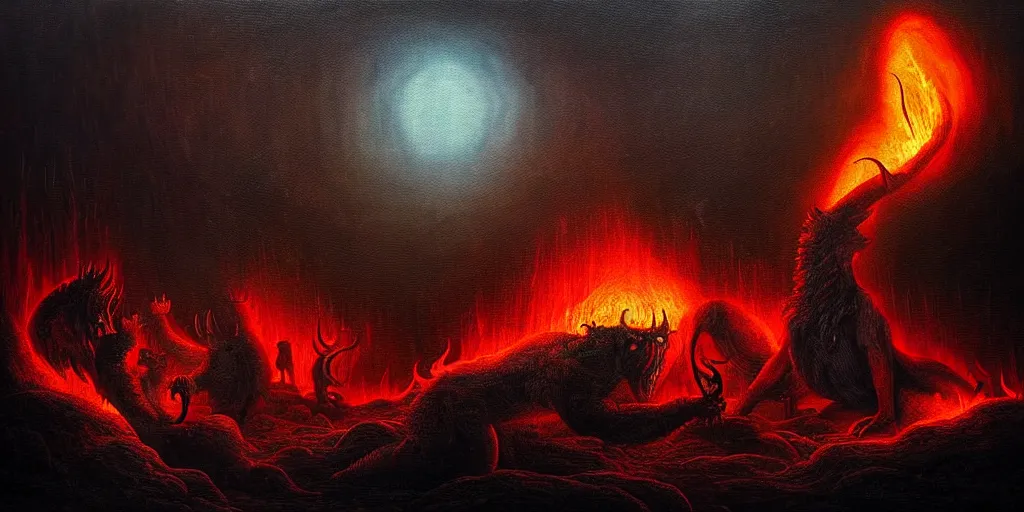 Image similar to mythical creatures and monsters at the mouth of hell, dramatic lighting glow from giant fire, in a dark surreal painting by ronny khalil