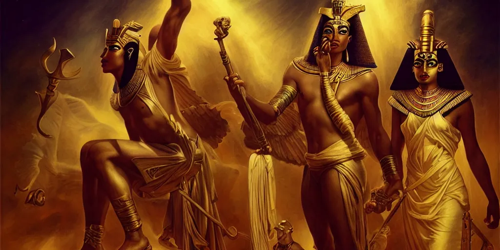 Image similar to Egyptian gods Osiris and Isis, by Rolf Armstrong and Evelyn De Morgan and Bastien Lecouffe-Deharme, dramatic lighting, high contrast colors, baroque, empyrean, panoramic view, as trending on Artstation, highly detailed, doom engine,