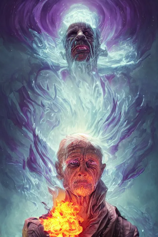 Image similar to the look of an elderly person, necromancer, witch - doctor covered with ice exploding into fire, full of wrinkles and imperfections, electricity highly detailed, high contrast, light reflection, trippy, nebula, trending on artstation by artgem, by peter mohrbacher, by wlop, by ruan jia