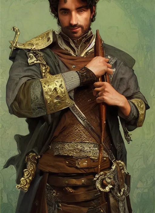 Image similar to medium-length portrait of a male bard with short curly hair and brown eyes, dark brown skin, happy expression, wears a combination of dark green tunic and boiled leather, medieval setting, highly detailed, digital painting, artstation, concept art, sharp focus, illustration, art by greg rutkowski and alphonse mucha