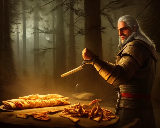 Prompt: 5 5 mm portrait photo of geralt of rivia serving shawarma, in a magical forest. dark atmosphere. art by greg rutkowski. highly detailed 8 k. intricate. lifelike. soft light. nikon d 8 5 0.