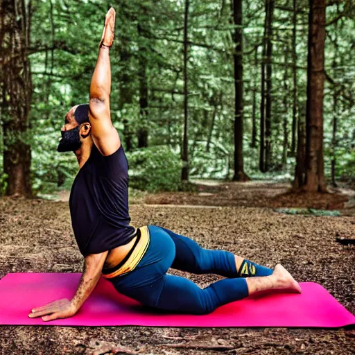 Image similar to lebron james doing yoga in the forest, ( eos 5 ds r, iso 1 0 0, f / 8, 1 / 1 2 5, 8 4 mm, postprocessed, crisp face, facial features )