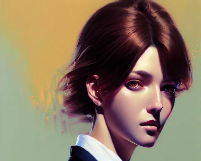 Prompt: a ultradetailed beautiful portrait panting of a stylish woman wearing a shirt with a tie, she has messy hair, oil painting, by ilya kuvshinov, greg rutkowski and hajime sorayama, trending on artstation