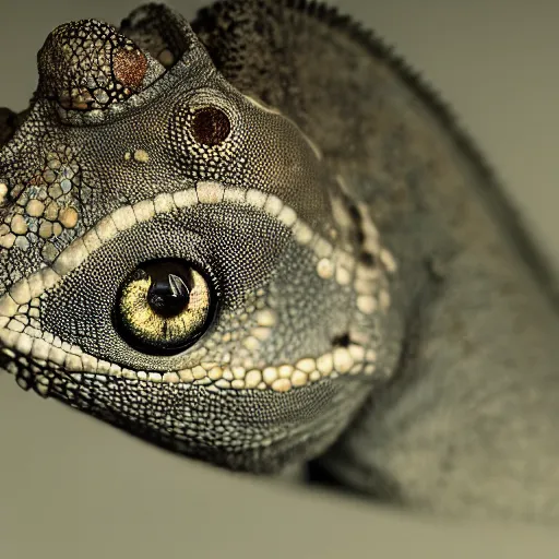 Prompt: closeup wet plate photograph of a chameleon, daugerrotype, collodion photography, studio lights, eye catching, exxagerated texture